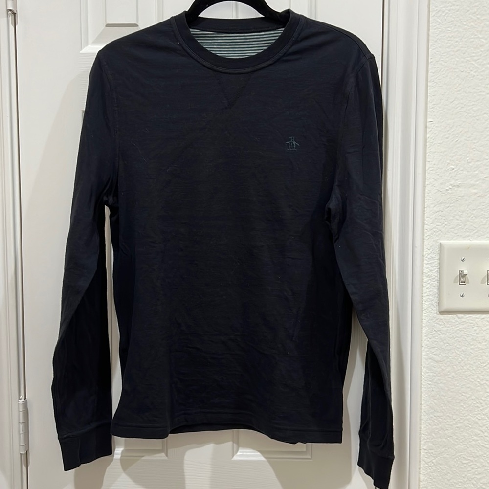 Original Penguin Reversible Long Sleeve Tee Size S Blue and Green/Grey Stripe